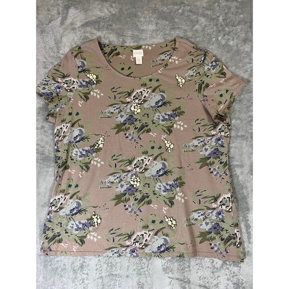 Chicos Top Shirt Women’s 3 Light Brown Soft Pink Floral Bejeweled Blouse Comfy - Picture 1 of 5